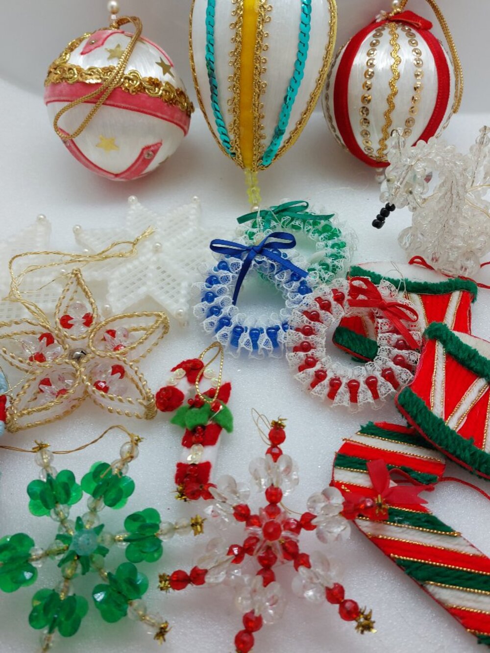 Vintage Lot Of 17 Handmade Push Pin Ornaments, Beads, Sequin, Plastic Canvas
